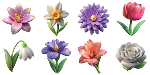 Collection of different 3d flowers illustrations including narcissus, aster, iris, gladiolus