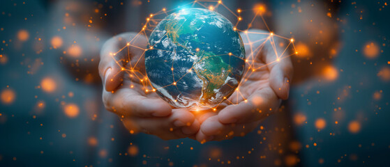 Global Connectivity in the Digital Age, Shows hands holding a globe with glowing orange connections, symbolizing global connectivity.