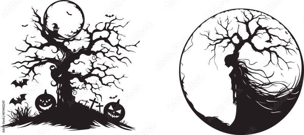 Wall mural Halloween icons silhouette logo black and white background