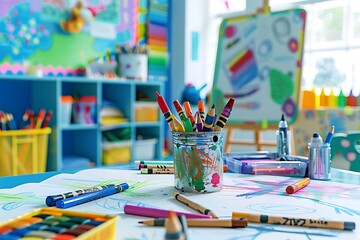 children drawing with paints and brushes