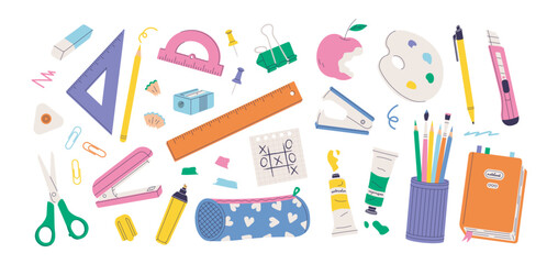 Childrens school elements. Kid school items. Back to school concept. Student supplies