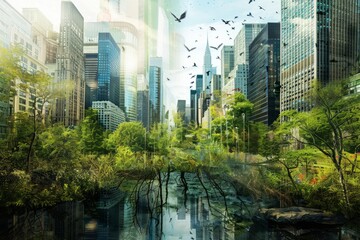 a surreal depiction of a cityscape blended with natural elements to promote biodiversity