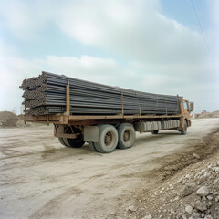 Obraz premium Industrial Truck Loaded with Metal Pipes Navigating Through a Busy Urban Construction Zone
