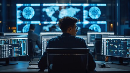 A modern cybersecurity operations center showcasing high-tech monitors and dedicated professionals, highlighting the importance of digital safety in today's tech-driven world.