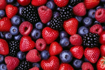 Fototapeta premium Close-up of assorted fresh berries including strawberries, blueberries, raspberries, and blackberries