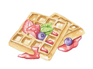 Composition of two Belgian waffles, berries and jam isolated on white background. Watercolor hand drawn illustration
