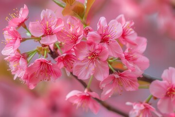 Obraz premium Delicate pink cherry blossoms in full bloom against a blurred background.