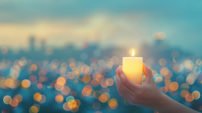 Hands holding candle against cityscape with bokeh lights at dusk for peace and serenity