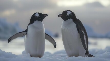Obraz premium Two penguins standing on the ice in Antarctica
