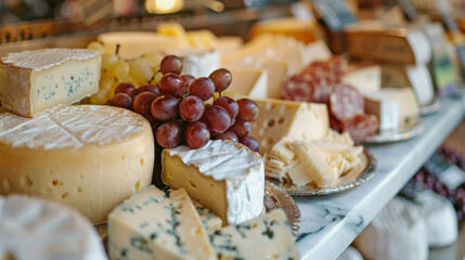 A delightful assortment of gourmet cheeses with a cluster of fresh grapes, arranged beautifully on a marble countertop. Perfect for a high-end culinary display or food-related content.