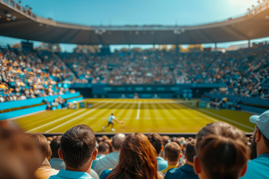 A vibrant tennis match viewed from the stands, capturing the excitement and energy of the sport. Ideal for sports and live event content. - Powered by Adobe