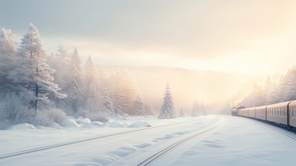 Fototapeta premium Winter train journey through snowcovered forest at sunrise