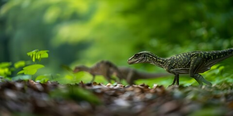Obraz premium Compsognathus family hunting in a verdant forest with scattered leaves on the ground. Concept Dinosaur Photoshoot, Family Adventure, Forest Scene, Leafy Environment, Hunting Behavior