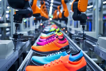 Modern footwear production line with robotic arms assembling colorful sneakers in a high tech factory