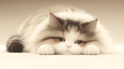 Fototapeta premium Watercolor painting of a Persian kitten with fluffy fur and blue eyes, fluffy, long-haired. A cat with a bored, sad face. 
