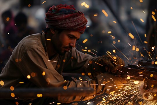 Metal worker is using a blowtorch and creating sparks while welding a piece of metal