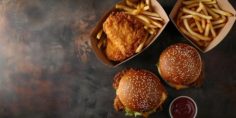 Fototapeta premium Assorted Fast Food Options Available for Takeout. Concept Takeout Meals, Fast Food Choices, Comfort Food, On-the-Go Dining