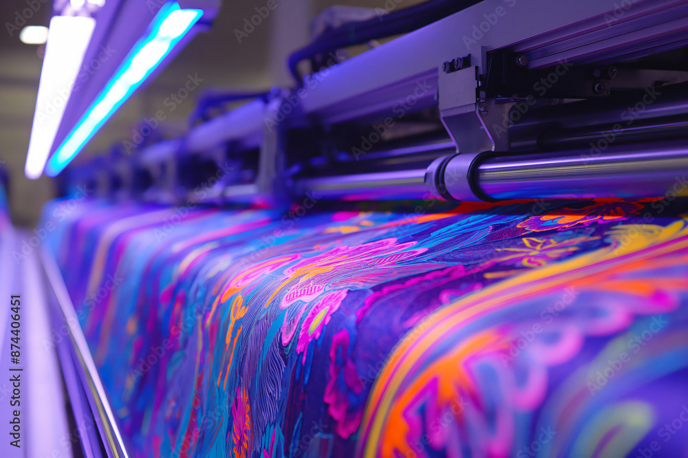 Poster high tech machinery printing colorful patterns on textiles in a modern factory setting