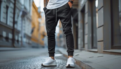 Man Wearing Black Jogger Pants and White Sneakers Standing on a City Street