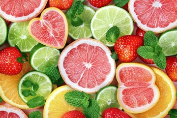 Fototapeta premium Assorted citrus fruits and strawberries with fresh mint leaves