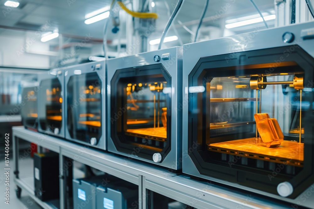 Poster cutting edge 3d printers creating metal objects in a busy factory, showcasing seamless design and pr