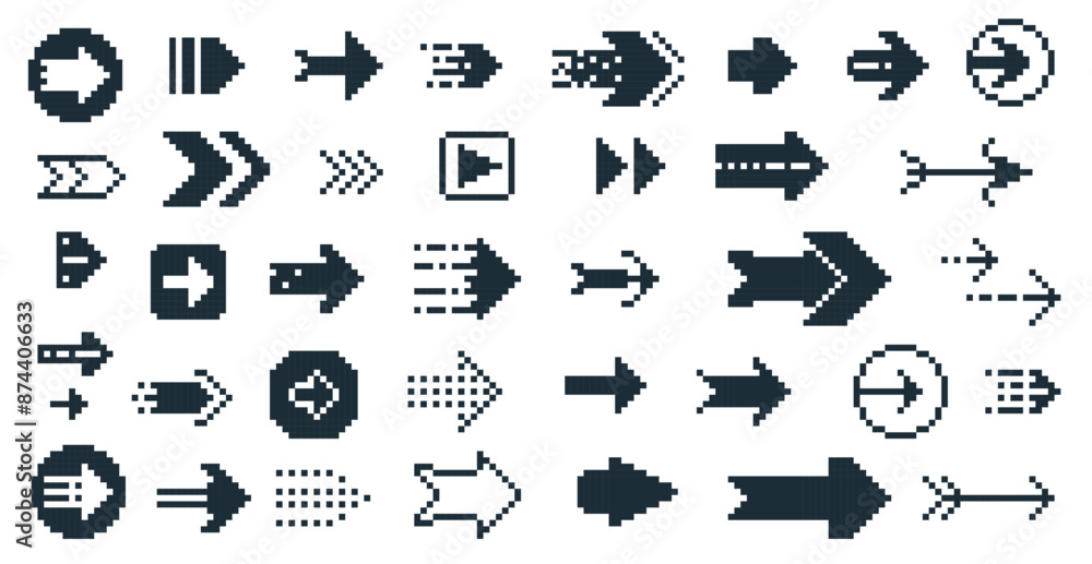 Poster black 8 bit arrows. retro square navigation pointer icons, 90s retro pixel cursor direction symbols,