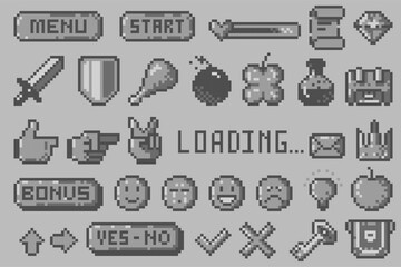 Pixel 8 bit black symbols. Emoticons, cursor, arrow, sound, text bobbles, health scale, game menu, UI interface icons. Vector isolated set