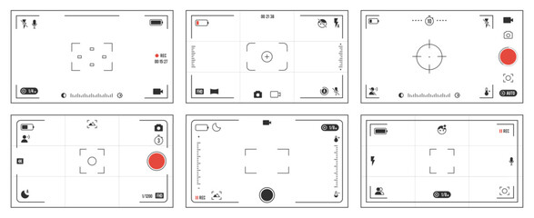 Camera viewfinder ui. Photo and video recording screen interface of camera, dslr video camera and camcorder viewfinder graphic elements. Vector viewfinders ui isolated set.