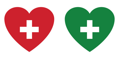 Set of health care red cross with heart sign. Medicine health hospital signs collection. First aid vector isolated icons.