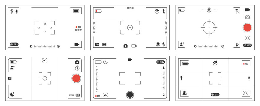 Camera viewfinder ui. Photo and video recording screen interface of camera, dslr video camera and camcorder viewfinder graphic elements. Vector viewfinders ui isolated set.