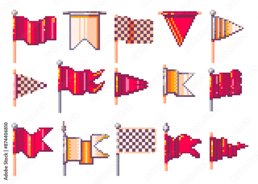 Poster pixel flags. retro 8 bit checkered red triangle and rectangular flag icons, vintage game asset, mark