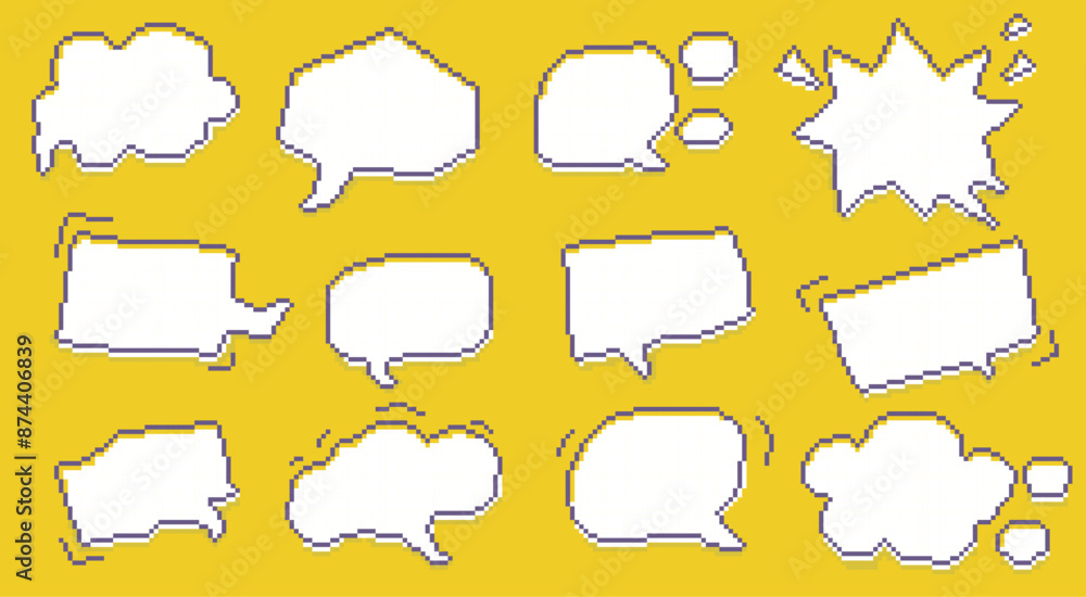 Poster pixel speech bubbles. retro comic chat messages speech bubble frame elements, bit game dialog bubble
