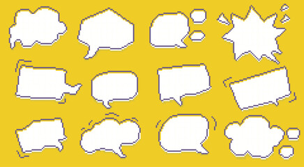Pixel speech bubbles. Retro comic chat messages speech bubble frame elements, bit game dialog bubble sticker with text. Vector speech bubbles isolated set