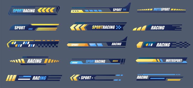 Sport car stripes. Racing car stripe vinyl decals and stickers, automobile vinyl wrap, fast car emblem and badge, motorbike race vehicle graphic. Vector sport car stripes isolated set.
