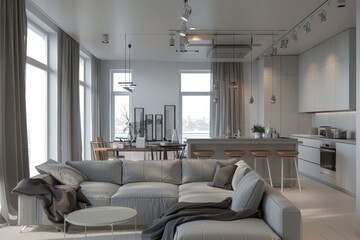 interior, apartment in Scandinavian hygge architectural style, clean modern design featuring grey and white color scheme, beautiful light