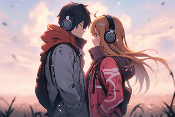 Anime character of couple wearing headphone standing face to face with sky and cloud on field background