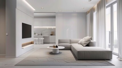 interior, apartment in Scandinavian hygge architectural style, clean modern design featuring grey and white color scheme, beautiful light
