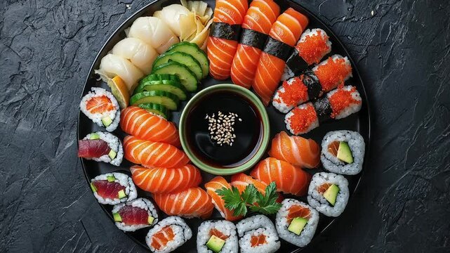 Assorted Sushi Platter with Soy Sauce on Dark Background