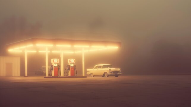 Vintage car at foggy deserted gas station at nightlight - Powered by Adobe