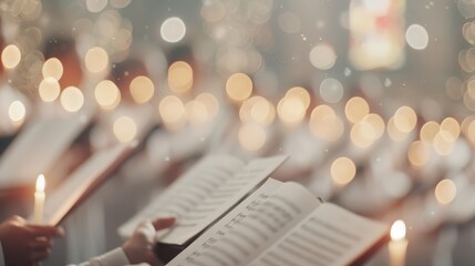 Choir singing hymns by candlelight during christmas service in church