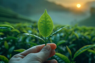 A single matcha green tea leaf held by a hand, with a tea plantation in the background