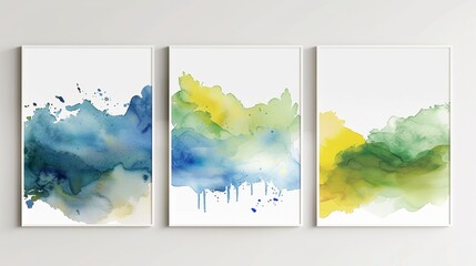 Vibrant Watercolor Art Posters on a White Wall Generative AI