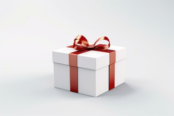 Fototapeta premium Elegant white gift box tied with a shiny red ribbon, isolated on a white backdrop
