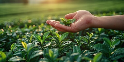 green tea leaf in hand on background of mountains. Harvesting tea by farmer hand