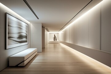 Fototapeta premium Elegant interior of an art gallery featuring a sculpture and abstract artwork under soft lighting
