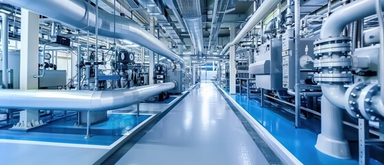 Modern industrial facility interior with metal pipes, machinery, and equipment connected in an extensive and organized layout.