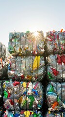 Stacked bales of compacted plastic waste ready for recycling under the bright sun, representing environmental waste management efforts.