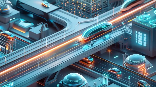 Futuristic transportation hub with hyperloop stations and autonomous vehicles on a plain background, highlighting advanced infrastructure and efficient urban mobility 