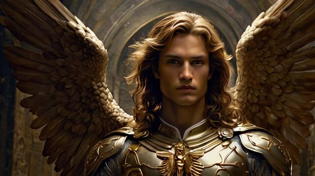 Zoom in of a male angel with golden wings and armor standing in front of a stone building or cathedral. He has long, blond hair and wears armor with a golden symbol on the chest