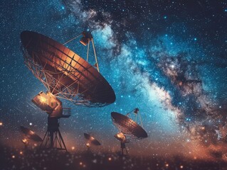 Satellite dish array pointing towards deep space on a backdrop of stars, symbolizing radio astronomy technology used for cosmic exploration and research 